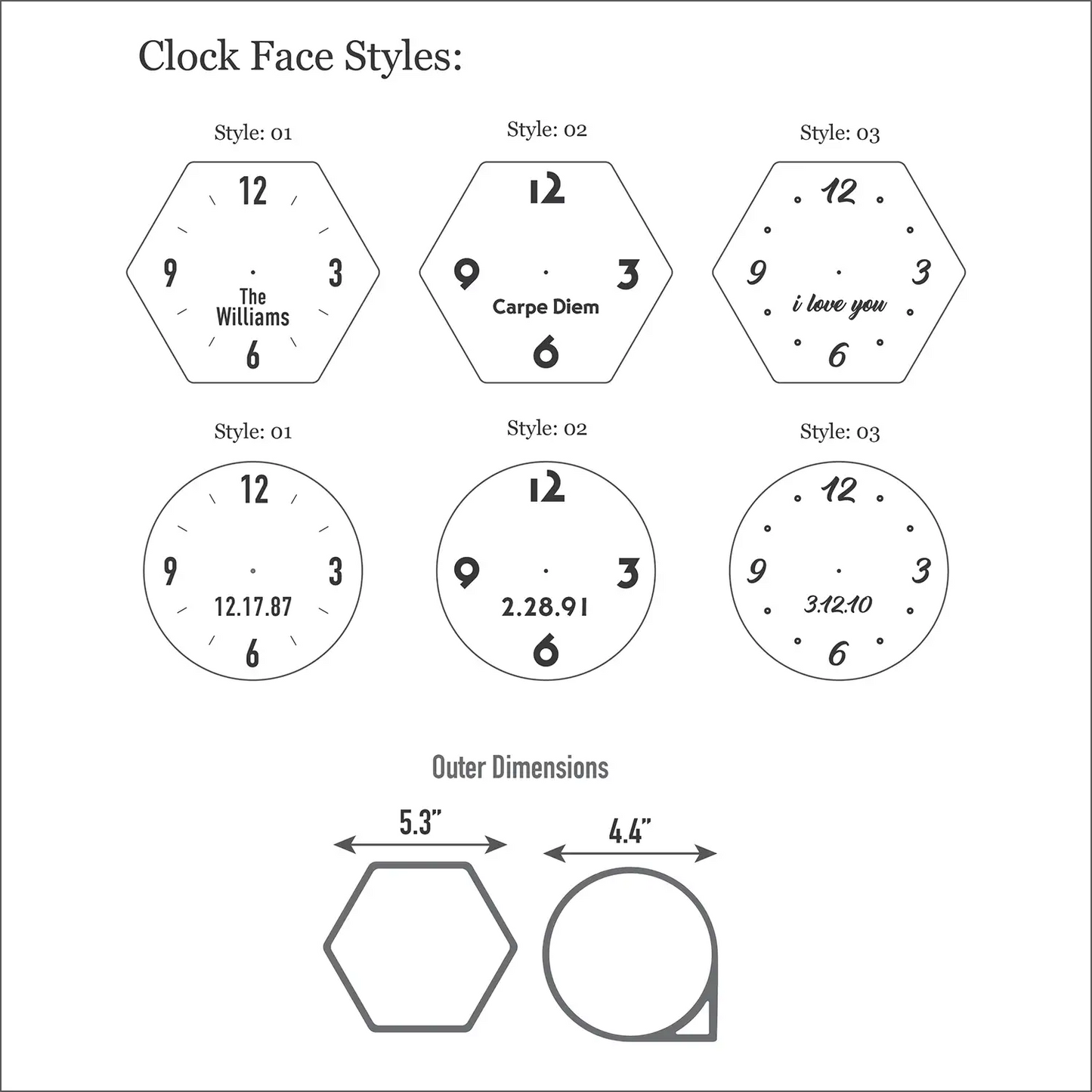 Diagram of different clock face styles with measurements on a white background
