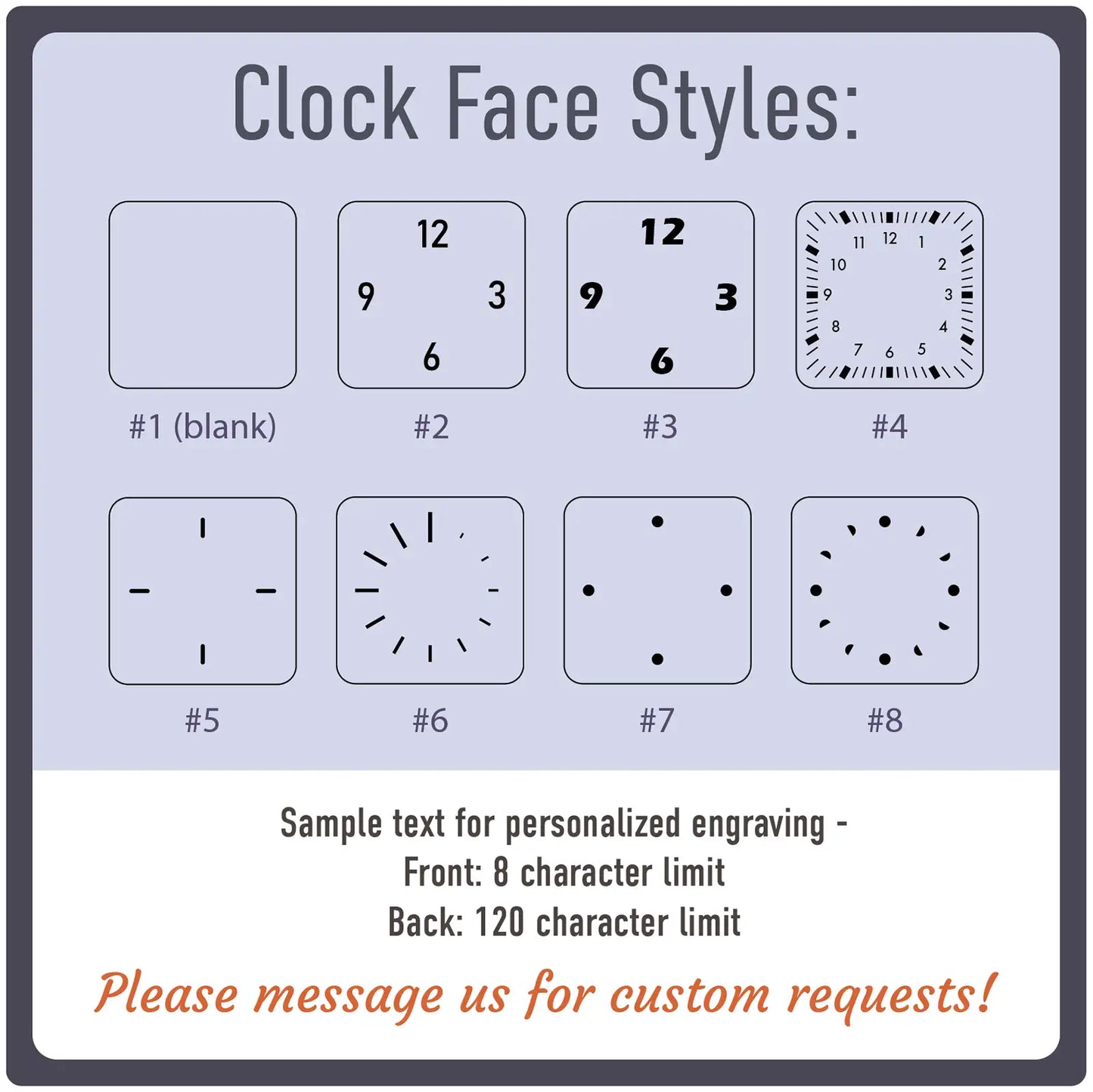 Clock face styles with sample text for personalized engraving on a gray background