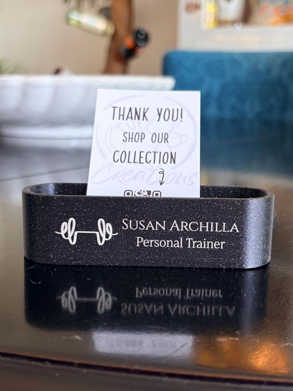 Customer photo: Custom Engraved Business Card Holder: Modern Minimalist Desk